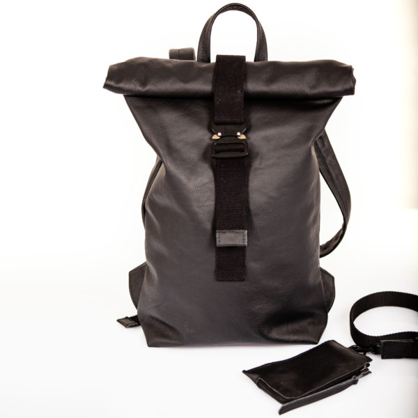 Black leather backpack with roll top closure – Cinzia Rossi