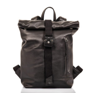 Black leather backpack with roll top closure - Cinzia Rossi
