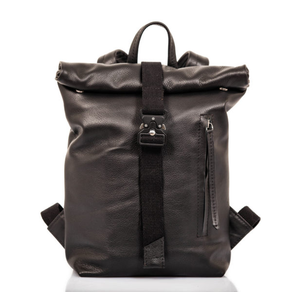 Black leather backpack with roll top closure - Cinzia Rossi