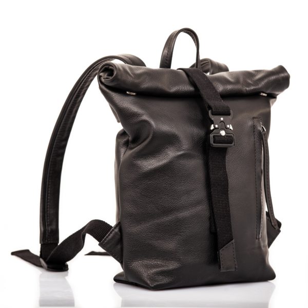 Black leather backpack with roll top closure - Cinzia Rossi