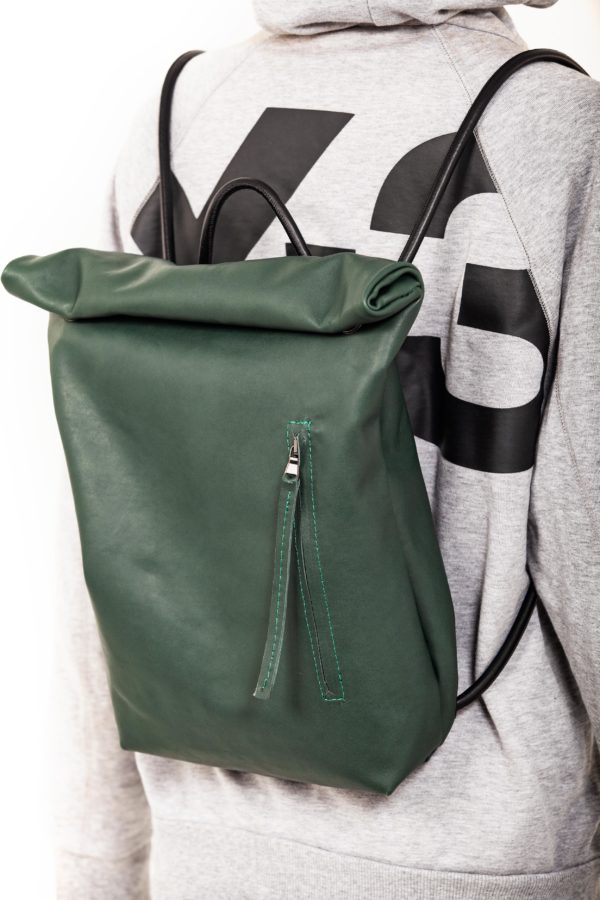 Backpack with roll top closure in green leather - Cinzia Rossi